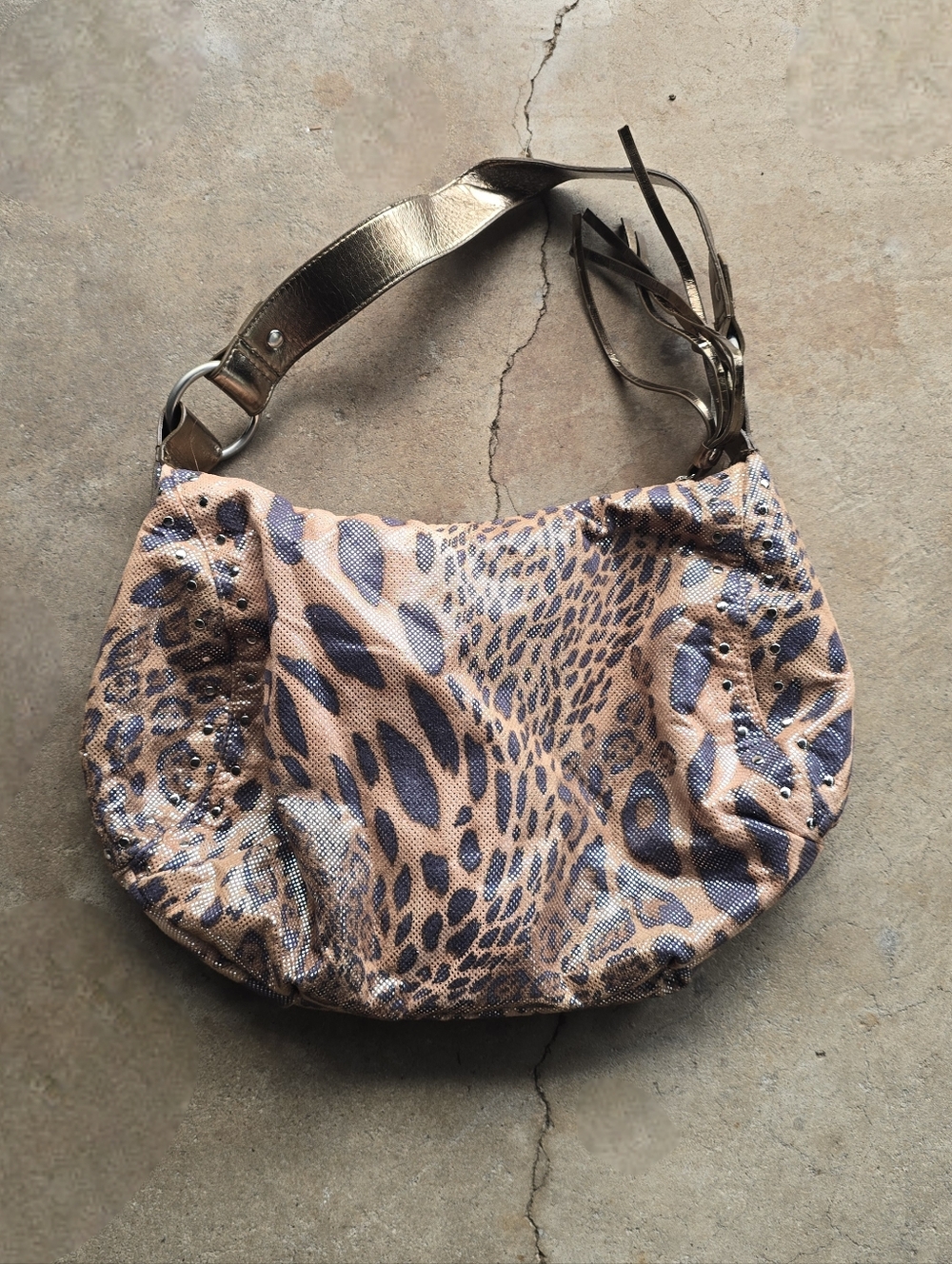 Vintage Y2k Animal Print Leopard Metallic Studded Grunge Punk Scene Hobo Purse